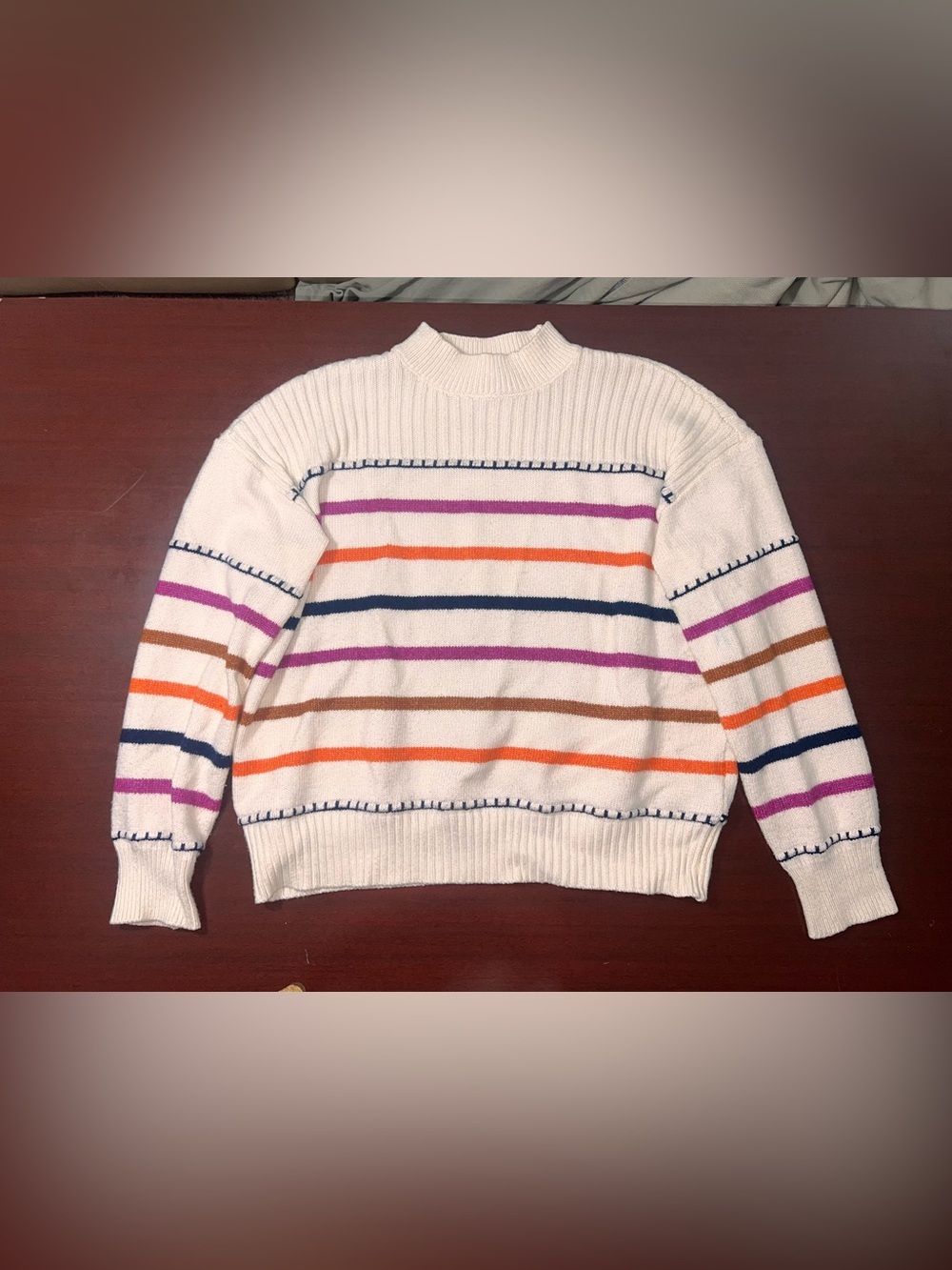 St. John's Bay Cream Striped Turtleneck Sweater with Multicolor Bands